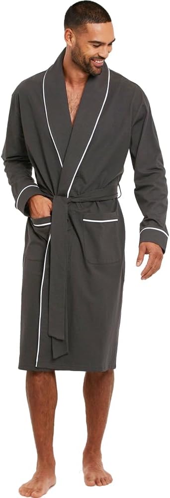 HOLOVE Men's Pure Cotton Bathrobe Lightweight Kimono and Hooded Spa Robes Soft Sleepwear