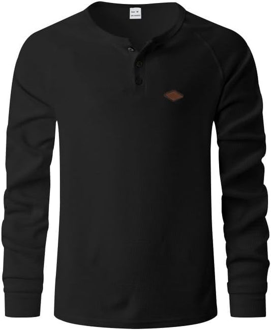 Men's Warm Waffle Top - 1/4 Button Round Neck Solid Color Casual Sweatshirt for Daily Vacation Wear