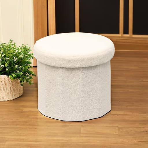 B FSOBEIIALEO Storage Ottoman Cube, Round Ottomans with Storage Foot Stool Footrest for Lving Room, Boucle Ottoman Seat for Dorm Room,Faux Teddy Fur, White 15"x15"x13.19"
