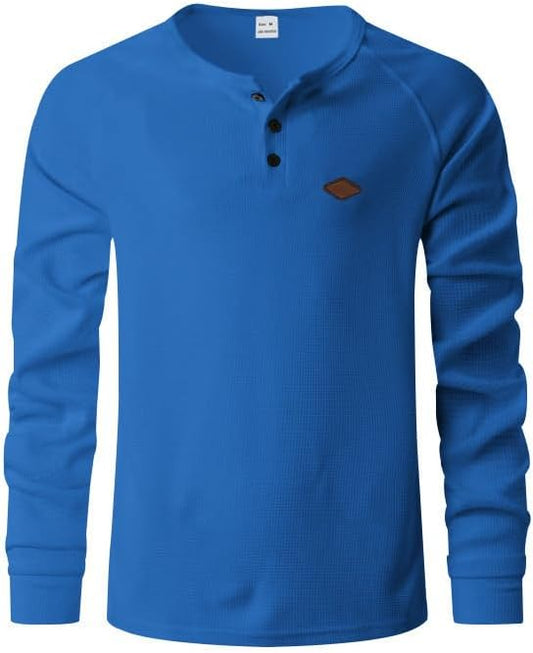 Men's Warm Waffle Top - 1/4 Button Round Neck Solid Color Casual Sweatshirt for Daily Vacation Wear