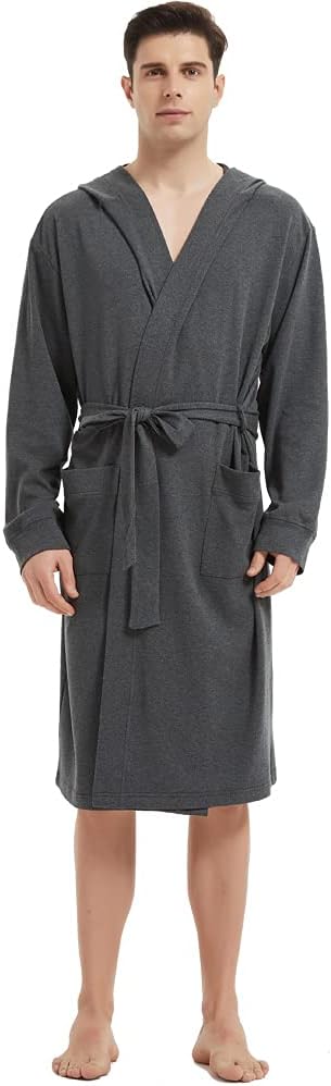 HOLOVE Men's Pure Cotton Bathrobe Lightweight Kimono and Hooded Spa Robes Soft Sleepwear