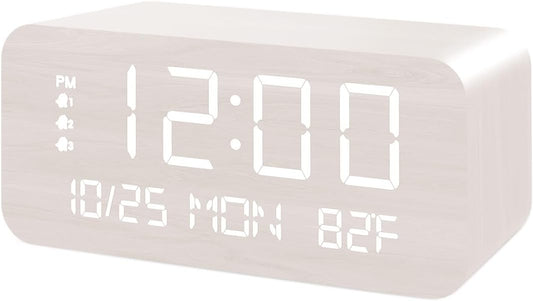 JALL Digital Alarm Clock, with Wooden Electronic LED Time Display, 3 Alarm Settings, Humidity & Temperature Detect, Wood Made Electric Clocks for Bedroom, Bedside, Desk (White-Wireless)