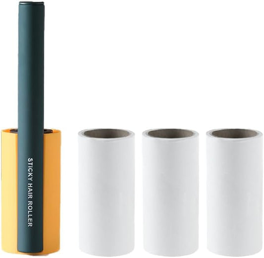 Sticky Lint & Pet Hair Remover Roller - 4 Adhesive Sheets Included (3 Refills) for Clothes, Furniture & Cars | Anti-Slip Handle, Dust-Proof Cover (Yellow)