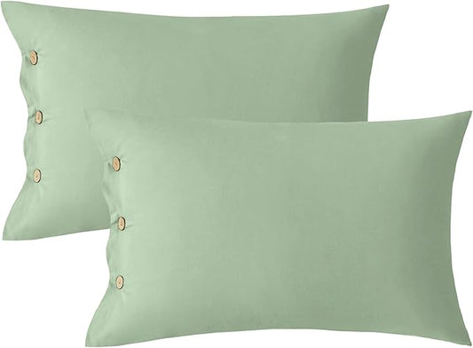 JELLYMONI Pillowcases Standard Set of 2 Cotton Button Pillow Covers 20×26in Light Green Bed Pillow Cases 100% Washed Cotton Soft Breathable (Pillows are not Included)
