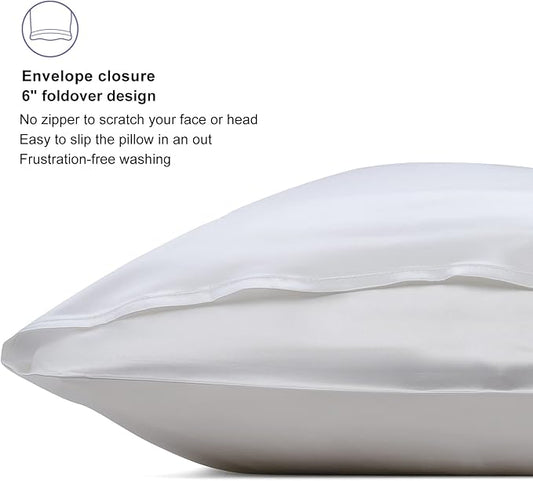 ALASKA BEAR Silk Pillowcase Envelope Closure, 22 Momme 100 Percent Long Overlap Sleeve Mulberry Silk Pillow Case Foldover Design, Machine Washable and NO Zipper, Queen (1, Cool White)