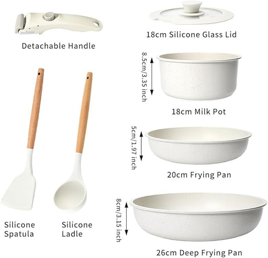 7-Piece Detachable Handle Non-Stick Cookware Set,with Beige Granite Texture Pots And Pans Set With Resistant to High Temperatures, Oven Safe, PFAS Free