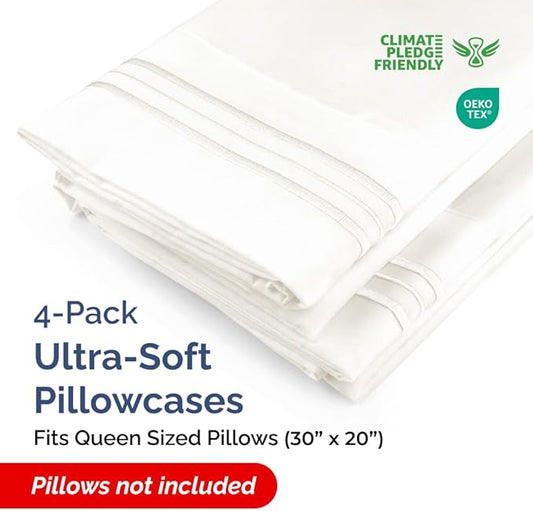 Queen Pillow Cases Set of 4 - Ultra Soft Hotel Quality Pillowcase Covers - Comfy, Cozy & Wrinkle Free - Shrinkage and Fade Resistant - Machine Washable Pillow Protectors - 4 Piece Set - Antique White