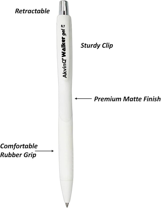 AKVINQ® Walker Gel Pens,12-Pack | 0.7mm Medium Point | Retractable Gel Ink Pen | Premium White Matte Finish | Black Ink | Smudge-Resistant | Comfortable Rubber Grip | Office & School Writing