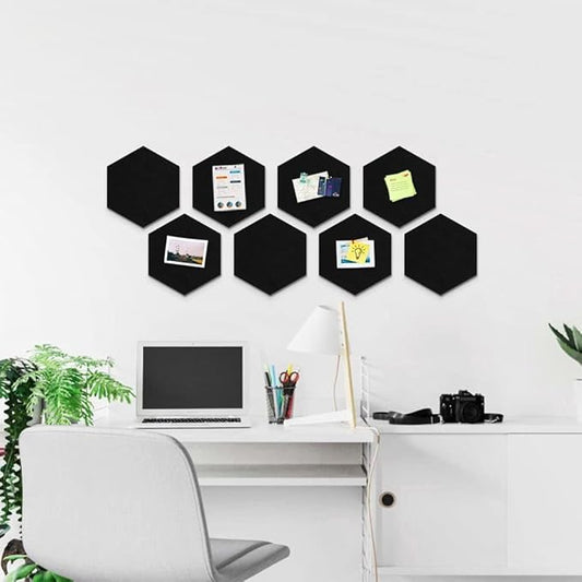 12" Black Cork Board for Wall, 8 Pack Hexagon Bulletin Board with with 30 Push Pins, Felt Pin Board, Felt Wall Tiles for Office Home Photos Decor