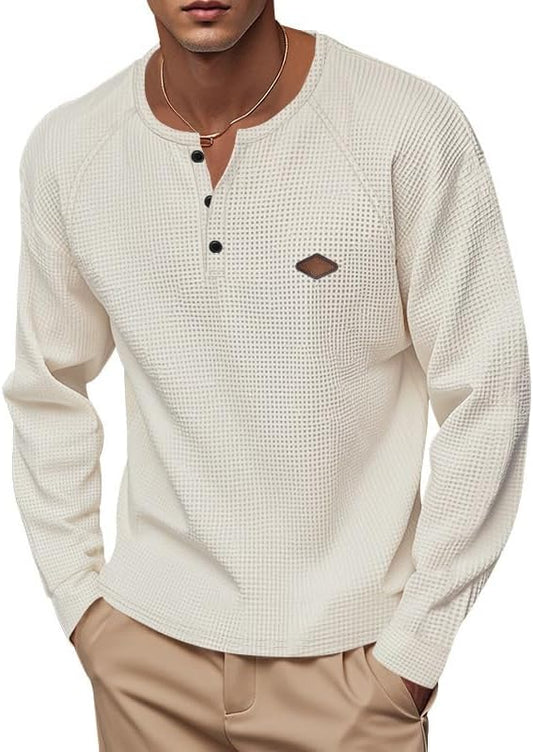 Men's Warm Waffle Top - 1/4 Button Round Neck Solid Color Casual Sweatshirt for Daily Vacation Wear
