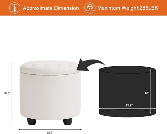 Furniliving Upholstered Button Tufted Round Ottoman, PU Storage Ottoman Round, Removable Lid Convenient Footstools, Classic Ottoman with Storage for Vanity, Nursery Room,IvoryWhite