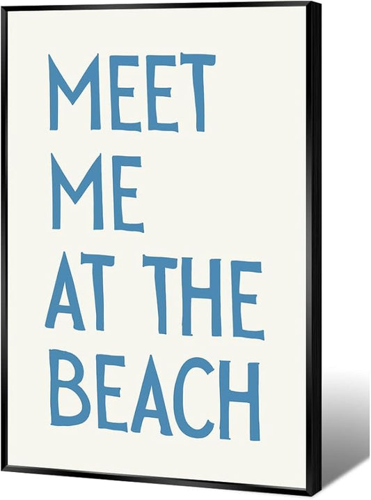 Trendy Meet Me At The Beach Posters Blue Coastal Cowgirl Wall Art Funky Summer Room Decor Vintage Beachy Canvas Prints Ocean Theme Aesthetic for Bathroom Apartment Bedroom 12x16in Metal Black Frame