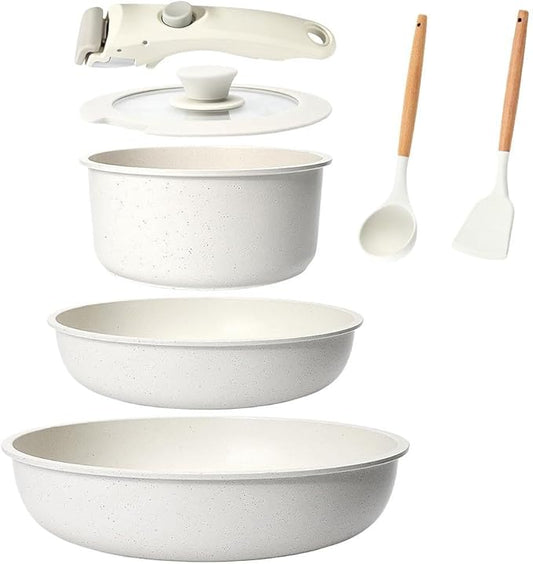 7-Piece Detachable Handle Non-Stick Cookware Set,with Beige Granite Texture Pots And Pans Set With Resistant to High Temperatures, Oven Safe, PFAS Free