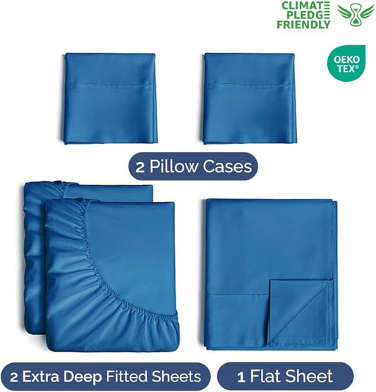 Extra Deep Pocket Split King Sheets - 5 Piece Breathable & Cooling Bed Sheets - Hotel Luxury Bed Sheet Set - Soft, Wrinkle Free & Comfy - Easily Fits Extra Deep Mattresses - Royal Blue Sheets Set