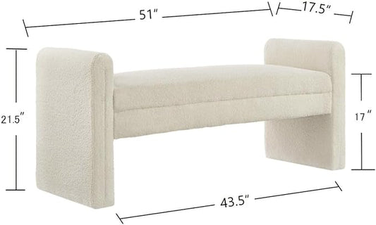 24KF Modern Upholstered Bed Bench Covered with Soft Boucle Teddy Fabric, Lovely Entryway Bench Ottoman with Armrest,5062-Cream