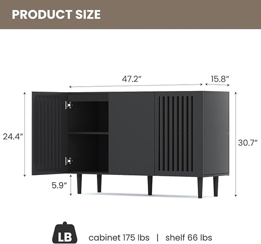 CHUWELL Modern Storage Cabinet, 47.2" Buffet Cabinet with 3 DIY Doors and Adjustable Shelf, Sideboard Coffee Bar with Solid Wood Feet for Kitchen,Dining Room,Living Room,Black