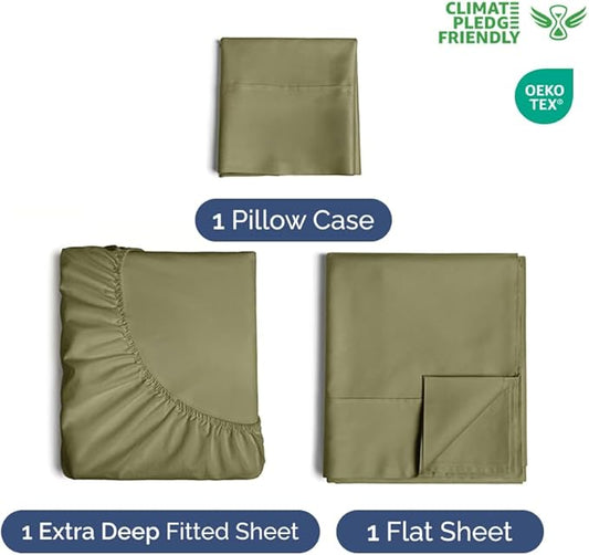 Extra Deep Pocket Twin XL Sheets - 3 Piece Breathable & Cooling Bed Sheets - Hotel Luxury Bed Sheet Set - Soft, Wrinkle Free & Comfy - Easily Fits Extra Deep Mattresses - Deep Pocket Sage Green Sheets
