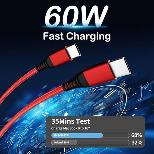 USB C to USB C Cable 60W(3A), Nylon Braided Type-C Charger Cable Fast Charging for iPhone 15 Pro Max Plus/Samsung S23, Switch, Pad and More(3FT 3Pack)