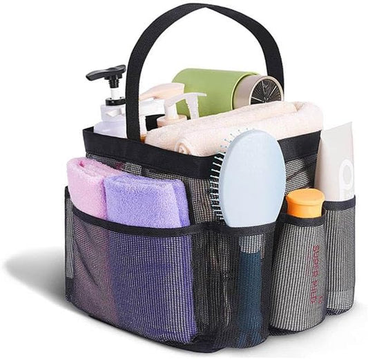 Mesh Shower Caddy, Portable Hanging Shower Bag with 8 Pockets, Quick Dry Dorm Shower Caddy for College, Gym, Bathroom (Black)