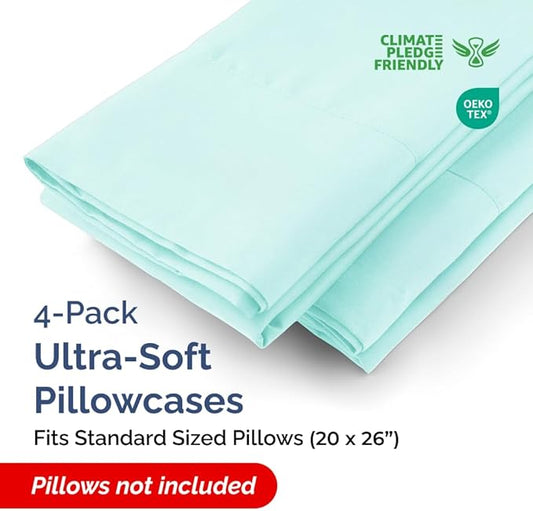 Standard Pillow Cases - 4 Pack - Super Soft Pillowcase Covers - Envelope Enclosure - Hotel Quality Pillow Protectors - Wrinkle Free, Shrink & Stain Resistant - Machine Washable - 20" x 26" (Spa Blue)