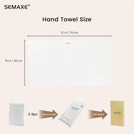 SEMAXE 6-Pack White Hand Towels - Premium 27"x16" Bathroom Towel Set with Hanging Loops, Oeko-Tex Certified 100% Cotton, Hotel Luxury for Home