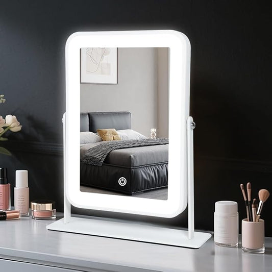 Rechargeable Small Vanity Mirror with Lights,9"x11"Portable LED Desk Mirror, Make up Mirror with Lighting,Touch Screen with 3-Color Lighting, Dimmable, for Shaving, Tabletop, Bedroom