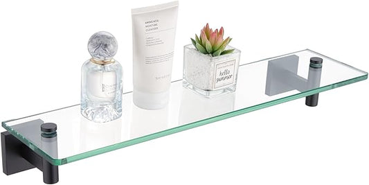 KOKOSIRI Bathroom Shelves Glass Floating Shelf 20-Inch for Bedroom, Living Room, Kitchen, Storage Hanging Rack Rustproof Wall Mounted Black B1105BK-L20