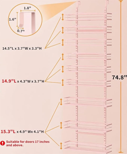 Moforoco Pink 9-Tier Over The Door Pantry Organizer, Pantry Organization and Storage, Black Hanging Basket Wall Spice Rack Seasoning Shelves