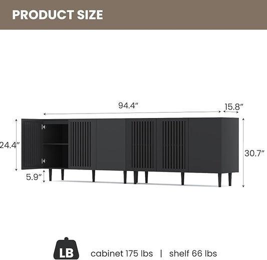 CHUWELL Modern Storage Cabinet, 94.4" Buffet Cabinet with 6 DIY Doors and Adjustable Shelf, Sideboard Coffee Bar with Solid Wood Feet for Kitchen,Dining Room,Living Room,Black