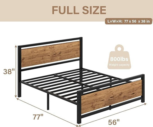 Full Size Bed Frames with Headboard, Industrial Style Full Bed Frame, Bed Frame Full Size with Wooden Footboard, No Box Spring Needed, Noise-Free, Easy Assembly, Black Brown