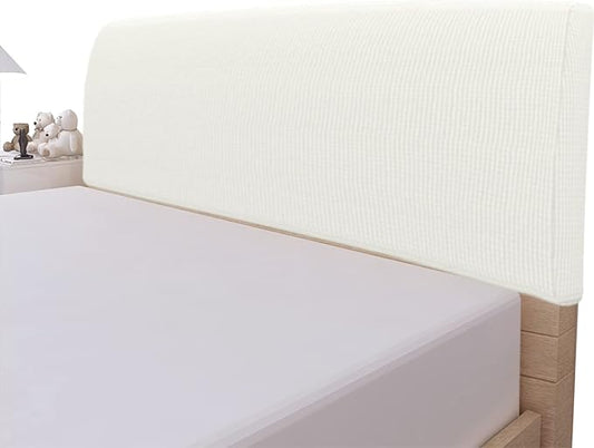 Easy-Going Stretch Bed Headboard Slipcover, Small Square Jacquard Furniture Cover, Dustproof Protector Cover for Bedroom Decor (Queen, Cream)