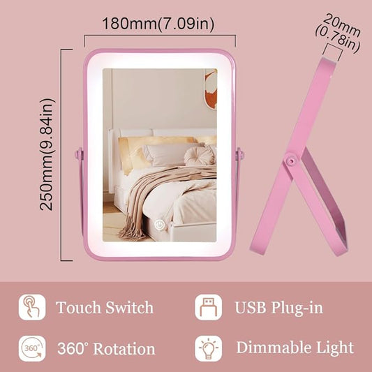 Pink Rechargeable Vanity Mirror with Lights, 10"×7" LED Makeup Mirror with Lights, Smart Touch Control Dimmable 3 Modes Light, Lighted Up Mirror for Makeup Desk, Bedroom, Dressing Room