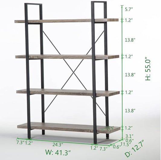 HSH 4-Shelf Vintage Industrial Bookshelf, Rustic Gray Wood and Metal 4 Tier Bookcase, Open Wide Etagere Book Shelf for Home Office Livingroom Bedroom Dispaly, Light Grey Oak