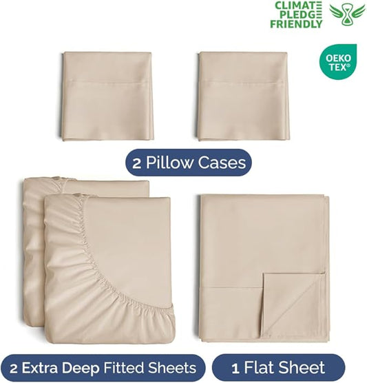 Extra Deep Pocket Split King Sheets - 5 Piece Breathable & Cooling Bed Sheets - Hotel Luxury Bed Sheet Set - Soft, Wrinkle Free & Comfy - Easily Fits Extra Deep Mattresses - Deep Pocket Wheat Sheets