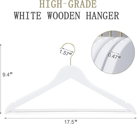 TOPIA HANGER Wooden Hangers 30 Pack, White Wood Coat Hanger with 360° Swivel Gold Hook, Non Slip Pants Bar and Shoulder Notches for Camisole, Jacket, Pants, Smooth Finish Clothes Hangers -CT34WG30