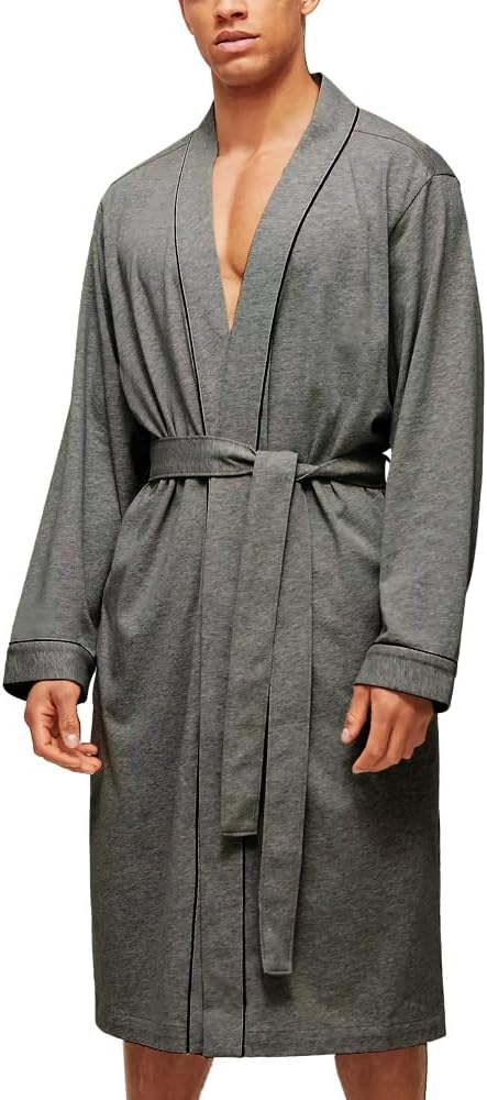 HOLOVE Men's Pure Cotton Bathrobe Lightweight Kimono and Hooded Spa Robes Soft Sleepwear