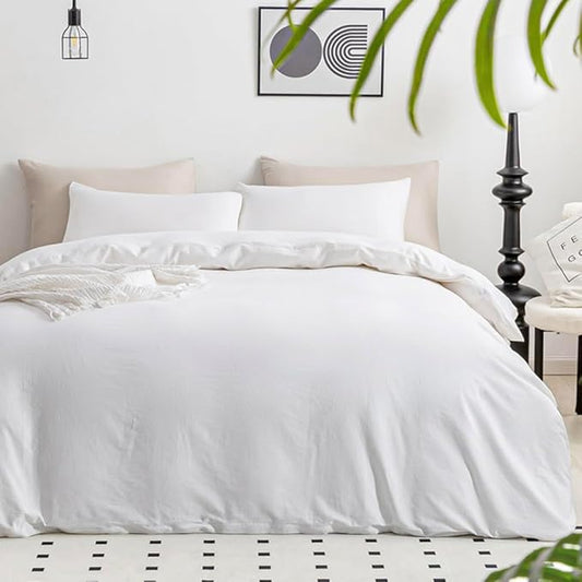 JELLYMONI White Duvet Cover Queen Size - 100% Washed Cotton Linen Like Textured Comforter Cover, 3 Pieces Breathable Soft Bedding Set with Zipper Closure (Bright White, Queen 90"x90")
