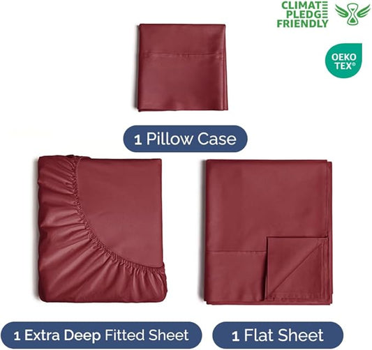 Extra Deep Pocket Twin Sheets - 3 Piece Breathable & Cooling Bed Sheets - Hotel Luxury Bed Sheet Set - Soft, Wrinkle Free & Comfy - Easily Fits Extra Deep Mattresses - Deep Pocket Burgundy Sheets Set