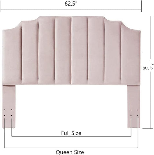 24KF Pink Velvet Tufted Queen Upholstered Headboard, Modern Vertical Channel Design California Queen/Full Headboard with Stepped Silhouette Top Edge, 6026-Q-New Pink