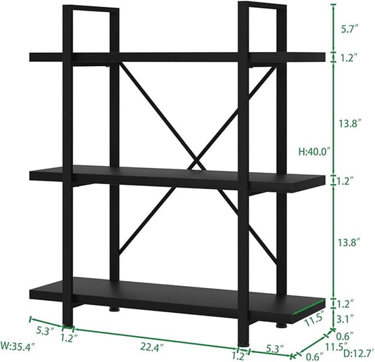 HSH 3 Tier Black Bookshelf, Industrial Small Metal Wooden Storage Book Shelves, Modern Open Low 3 Shelf Bookcase and Display Etagere, Vertical Book Shelf for Bedroom Living Room Office, Black Oak