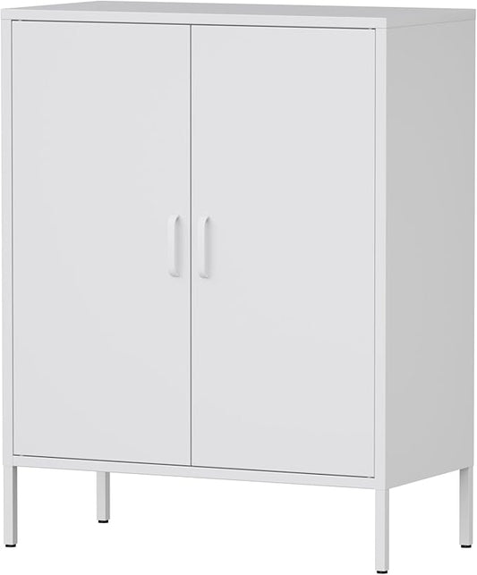 Bathroom Floor Storage Cabinet,40H Small White Cabinets for Storage with Doors,2 Door Metal Towel Freestanding Cabinet for Small Spaces,Two Door Hallway Short Cabinets,Shallow Low Cupboard