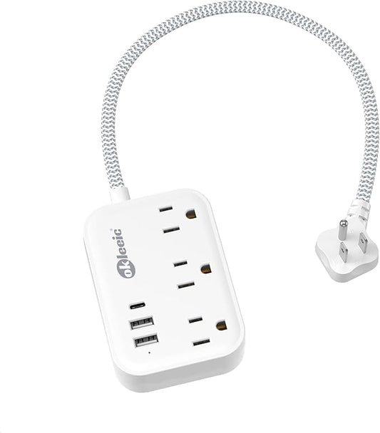 Short Extension Cord 1 ft - Flat Plug Small Power Strip No Surge Protetor with 3 Outlets 3 USB (1 USB C) Charging Ports, Multi Plug Small Outlet Splitter for Cruise Ship Home Office Dorm Room, White
