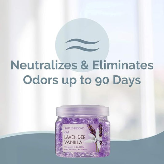 SMELLS BEGONE 12 oz Odor Eliminator Gel - Air Freshener- Absorbs & Eliminates Odor in Bathrooms, Basements, Cars, Boats, RVs & Pet Areas - Made with Essential Oils - Lavender Vanilla Scent (2-Pack)