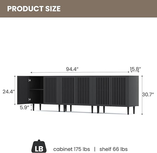CHUWELL Farmhouse Storage Cabinet Set of 3, 94.5" Buffet Cabinet with 6 Doors and Adjustable Shelf, Sideboard Coffee Bar with Solid Wood Feet for Kitchen,Dining Room,Living Room,Black