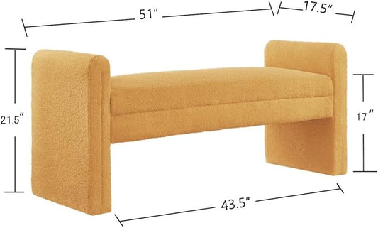 24KF Modern Upholstered Bed Bench Covered with Soft Boucle Teddy Fabric, Lovely Entryway Bench Ottoman with Armrest,5062-Yellow