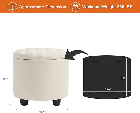 Furniliving Modern Round Storage Ottoman,Button Tufted Ottoman Foot Stools Ottoman Footstool with Removable Lid Storage Ottoman for Living Room, Bedroom, Makeup Room,Beige