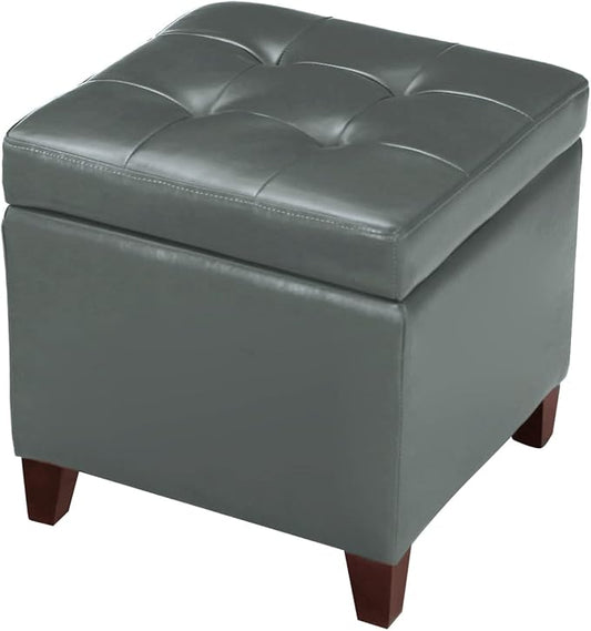 18x18 Faux-Leather Square Storage Ottoman with Hinged Lid Padded Lift Top Footstool, Grey Cement