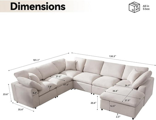 Cloud Couch Modular Sectional Sofa Modern Oversized Couches with Ottoman 7 Seater L-Shaped Sofas Comfy Couches for Living Room Spacious Space Apartment Lounge, Cream