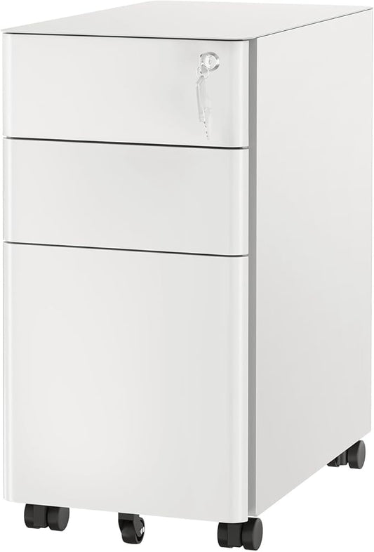 Mount-It! Slim Rolling File Cabinet, Under Desk Mobile Filing Cabinet with 3 Drawers and Lock, Steel Storage for Home Office and Small Business, White
