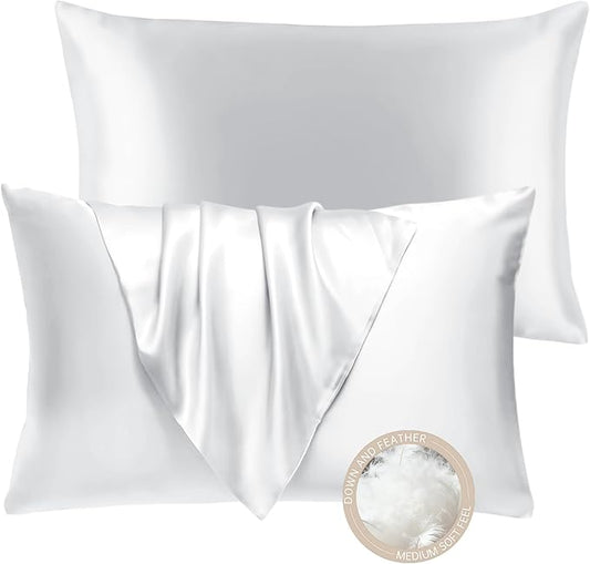 BHZ White Satin Goose Down Feather Pillows Standard Size Set of 2 with Pillowcase for Hair and Skin, Cooling Pillow Cases Similar to Silk Pillow Cases, Decor for Women, Mom Men